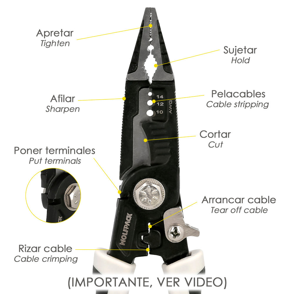 Alicates multifuncion especial cables, multiherramienta electricista, pelacables, cortacables, alicates terminales, alicates.