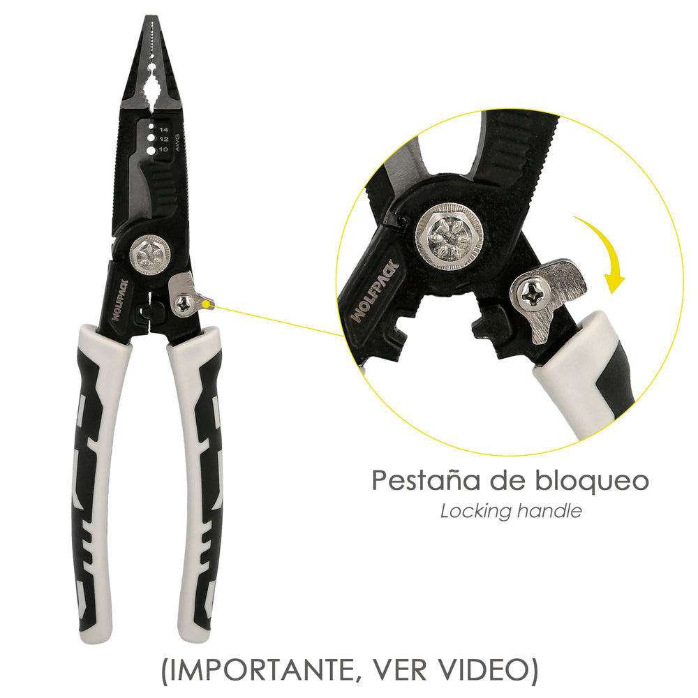Alicates multifuncion especial cables, multiherramienta electricista, pelacables, cortacables, alicates terminales, alicates.