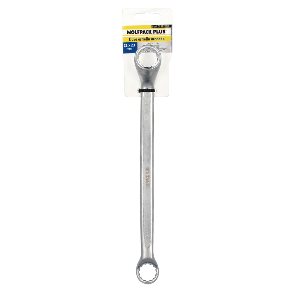 Llave estrella acodada plus acero cromo vanadio 21x23 din 838. Llave doble boca acodada, llave fija estrella acodada