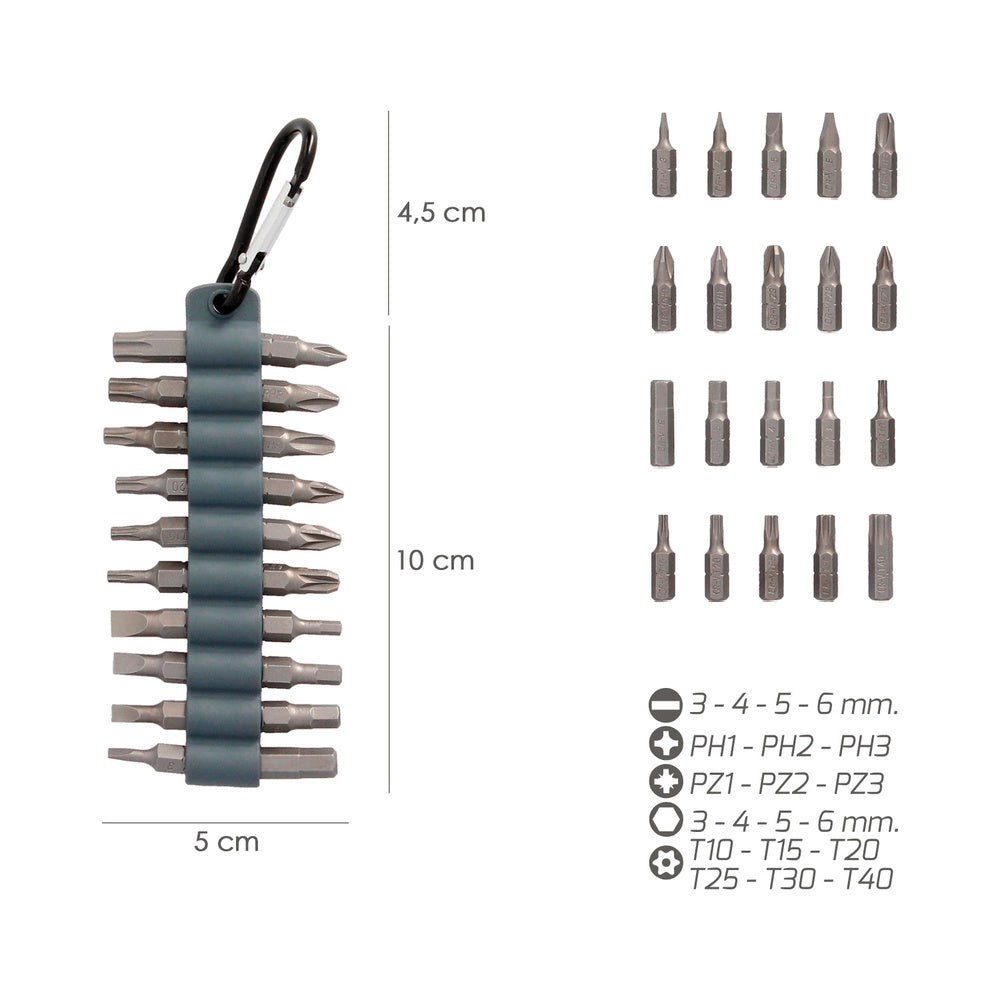 Juego de 20 puntas con mosquetón para cinturón. Acero cromo vanadio.
