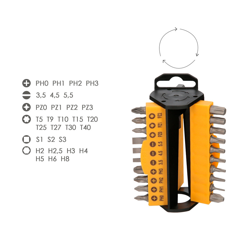 Juego de puntas con destornillador  1/4" 35 piezas. Acero cromo vanadio, kit destorpuntas, puntas destornillador.