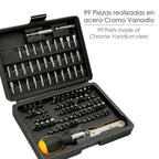 Juego puntas con destornillador 1/4" 99 pza con adaptador. Cromo vanadio, kit llave combinada, kit carraca,