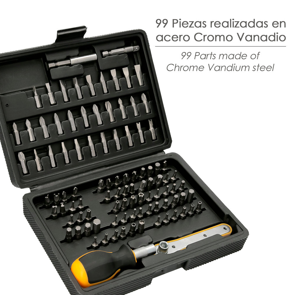 Juego puntas con destornillador 1/4" 99 pza con adaptador. Cromo vanadio, kit llave combinada, kit carraca,