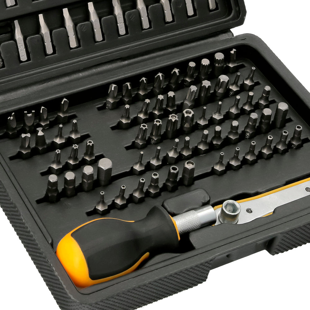 Juego puntas con destornillador 1/4" 99 pza con adaptador. Cromo vanadio, kit llave combinada, kit carraca,