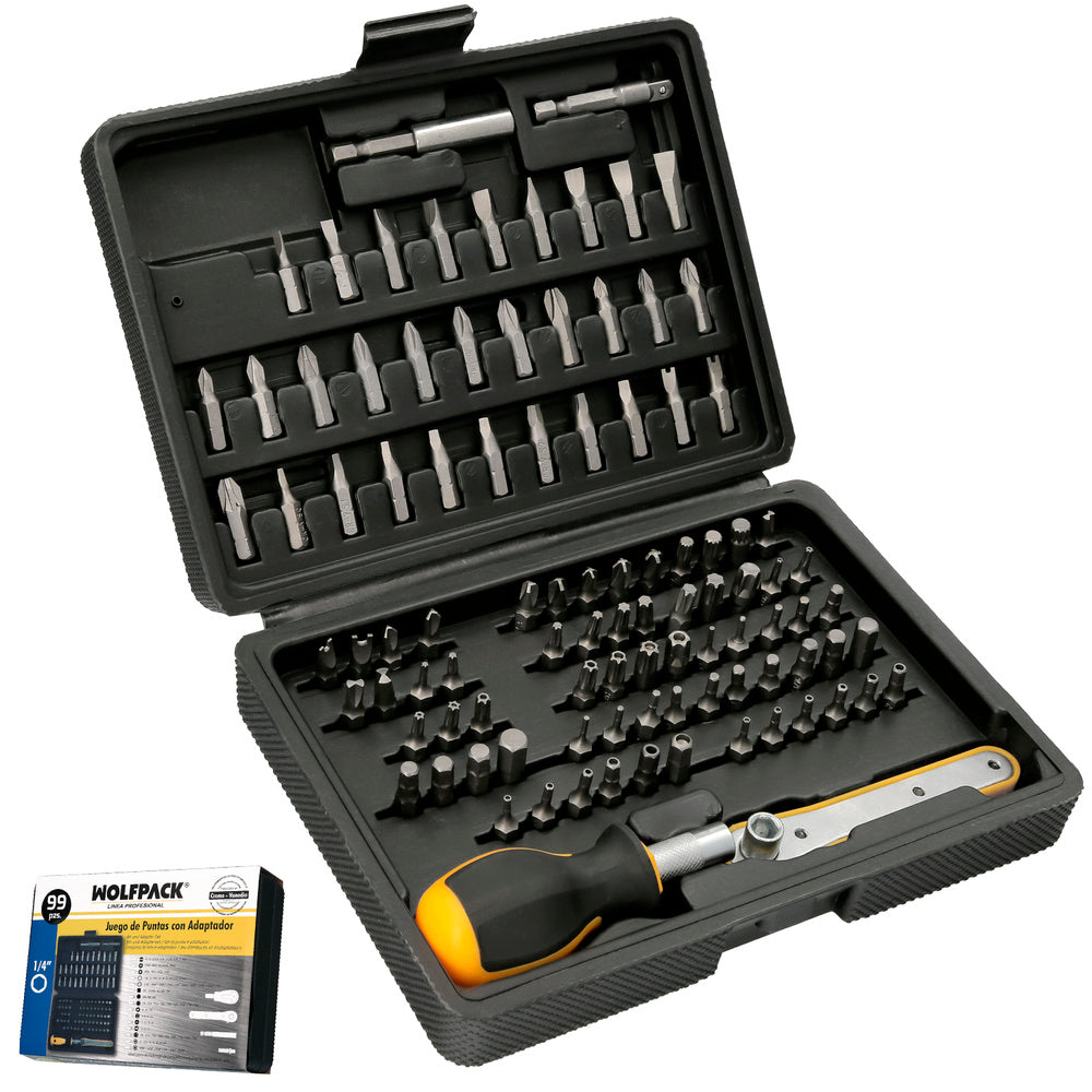 Juego puntas con destornillador 1/4" 99 pza con adaptador. Cromo vanadio, kit llave combinada, kit carraca,
