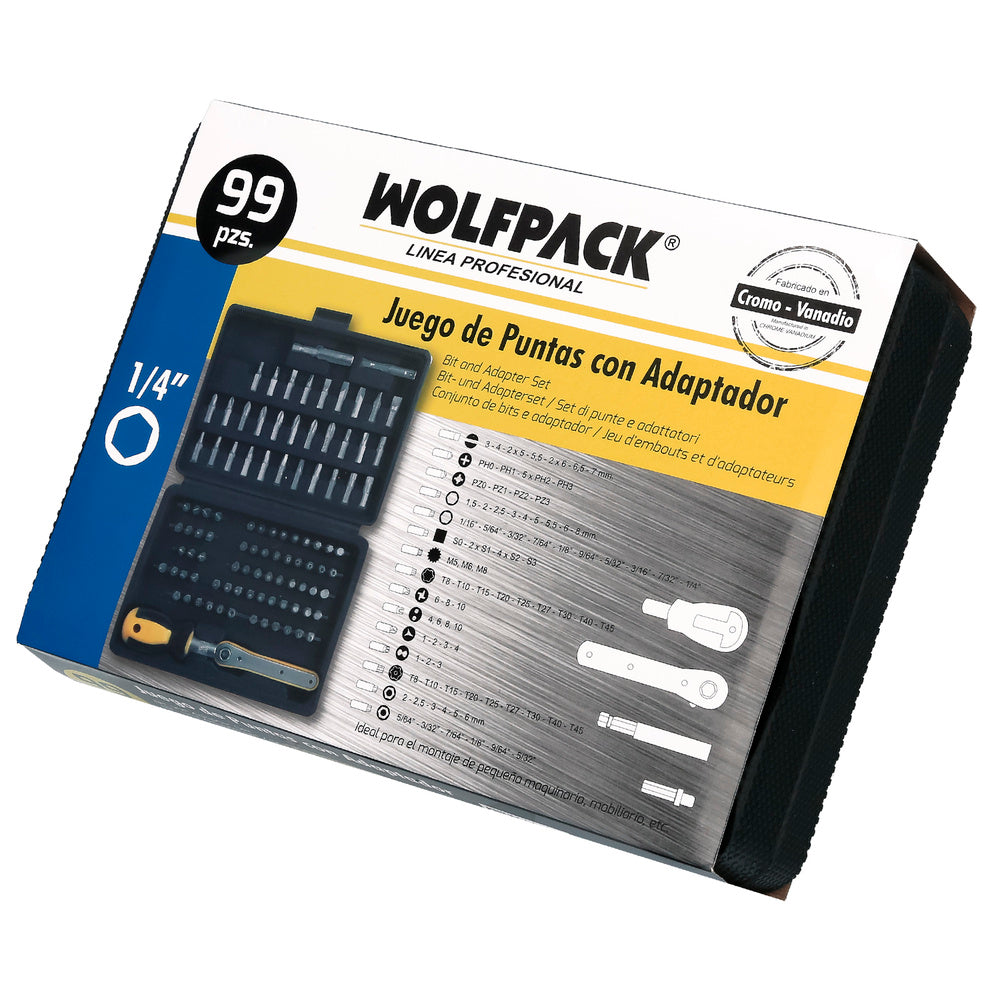 Juego puntas con destornillador 1/4" 99 pza con adaptador. Cromo vanadio, kit llave combinada, kit carraca,