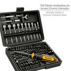 Juego puntas con destornillador 1/4" 122 pza. Con adaptador. Cromo vanadio, kit llave combinada, kit carraca,