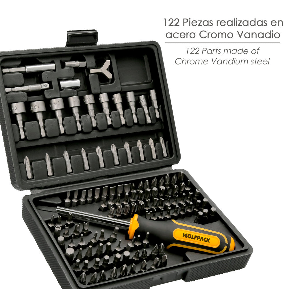 Juego puntas con destornillador 1/4" 122 pza. Con adaptador. Cromo vanadio, kit llave combinada, kit carraca,