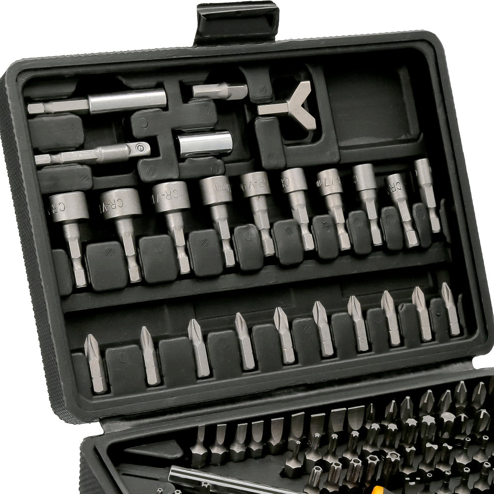Juego puntas con destornillador 1/4" 122 pza. Con adaptador. Cromo vanadio, kit llave combinada, kit carraca,