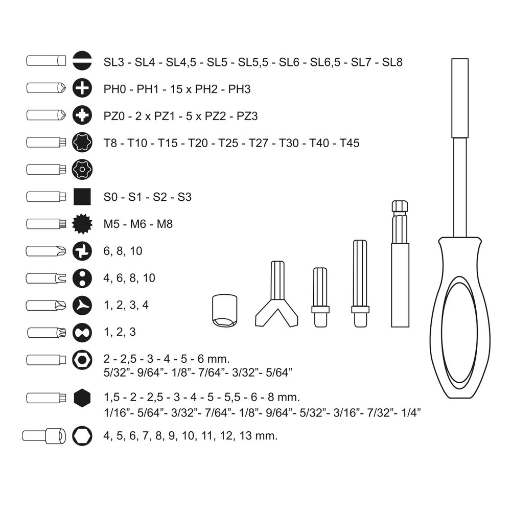 Juego puntas con destornillador 1/4" 122 pza. Con adaptador. Cromo vanadio, kit llave combinada, kit carraca,