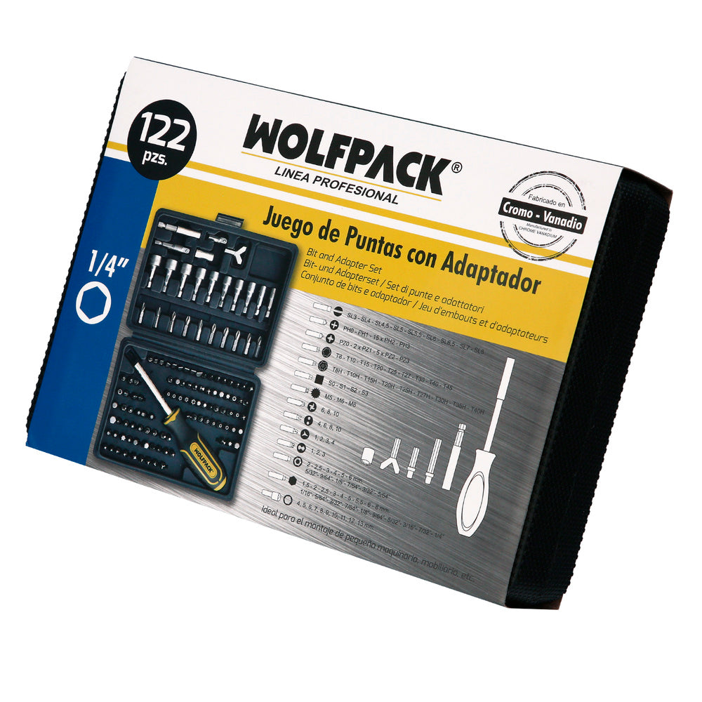 Juego puntas con destornillador 1/4" 122 pza. Con adaptador. Cromo vanadio, kit llave combinada, kit carraca,