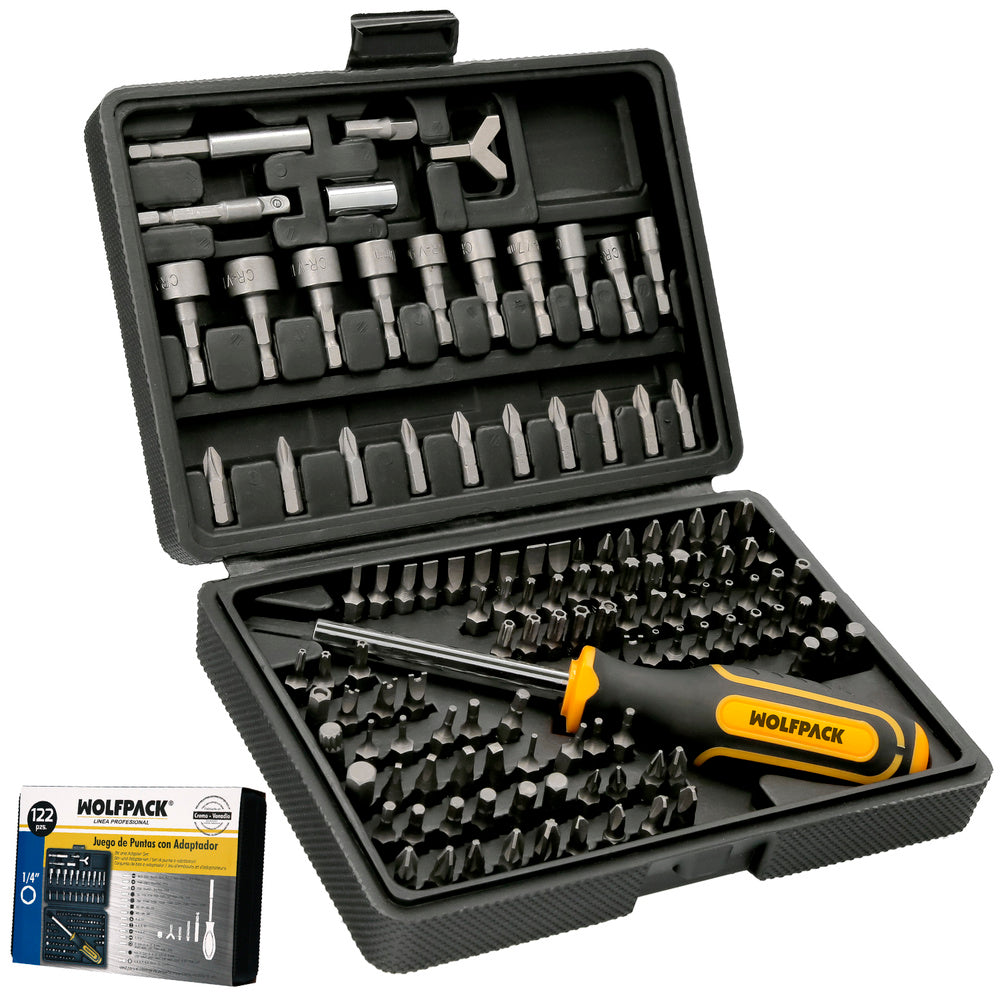 Juego puntas con destornillador 1/4" 122 pza. Con adaptador. Cromo vanadio, kit llave combinada, kit carraca,