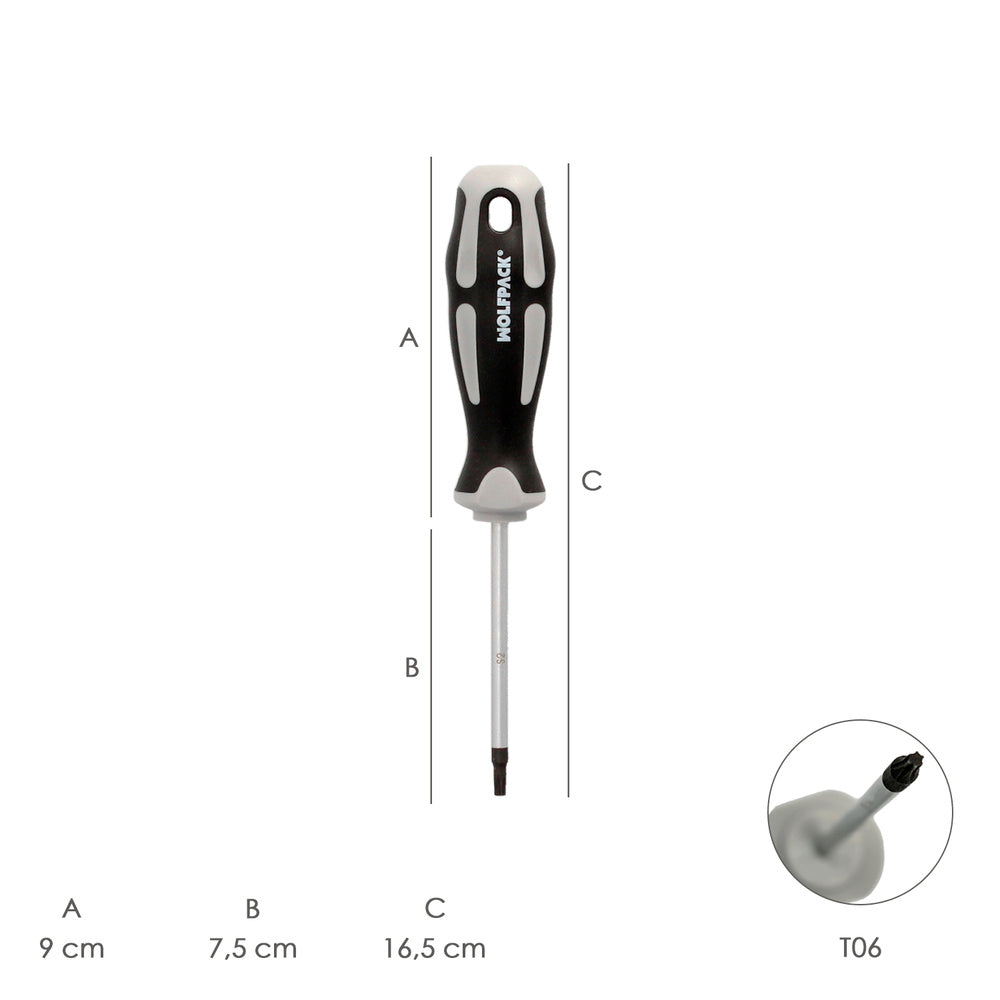 Torx screwdriver, S2 steel, bi-material TPR handle. Size T06 x ø 3.0 x 75 mm