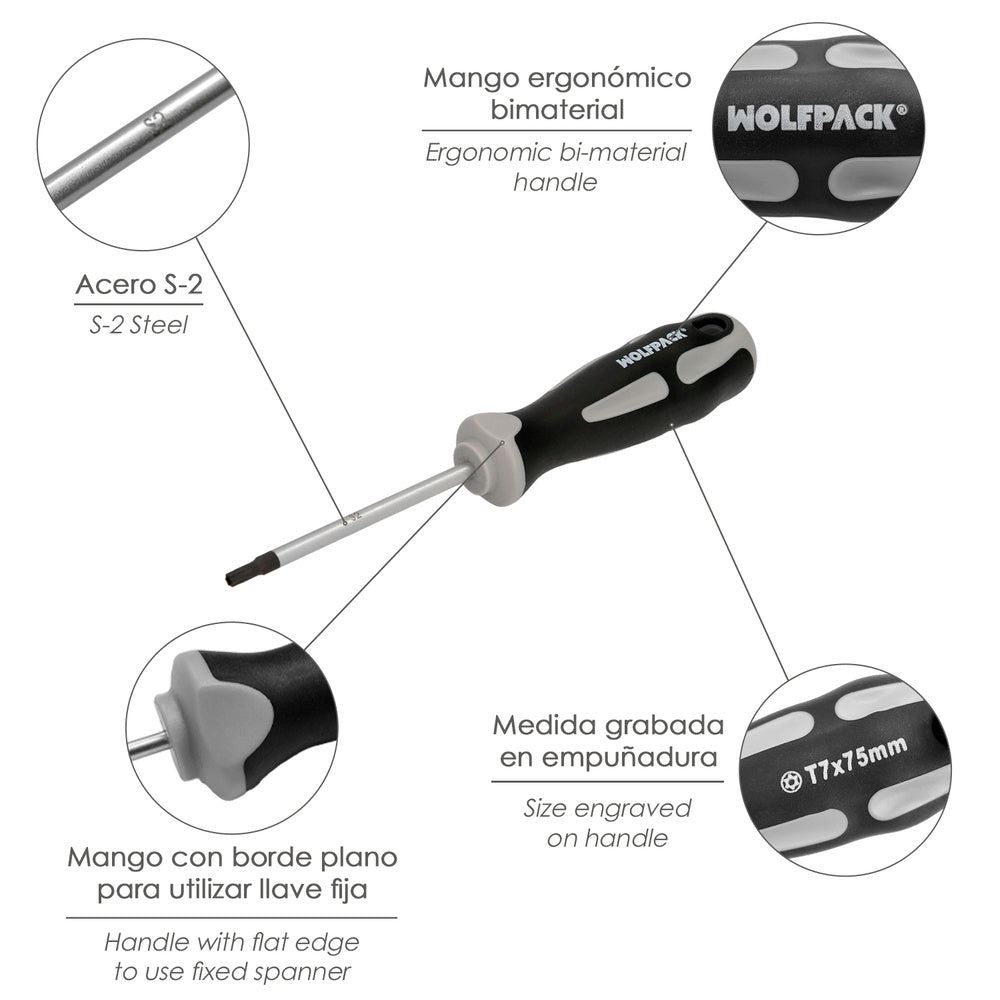 Tamper-proof torx screwdriver s2 steel tpr bi-material handle. Size T07 x ø 3.0 x 75 mm