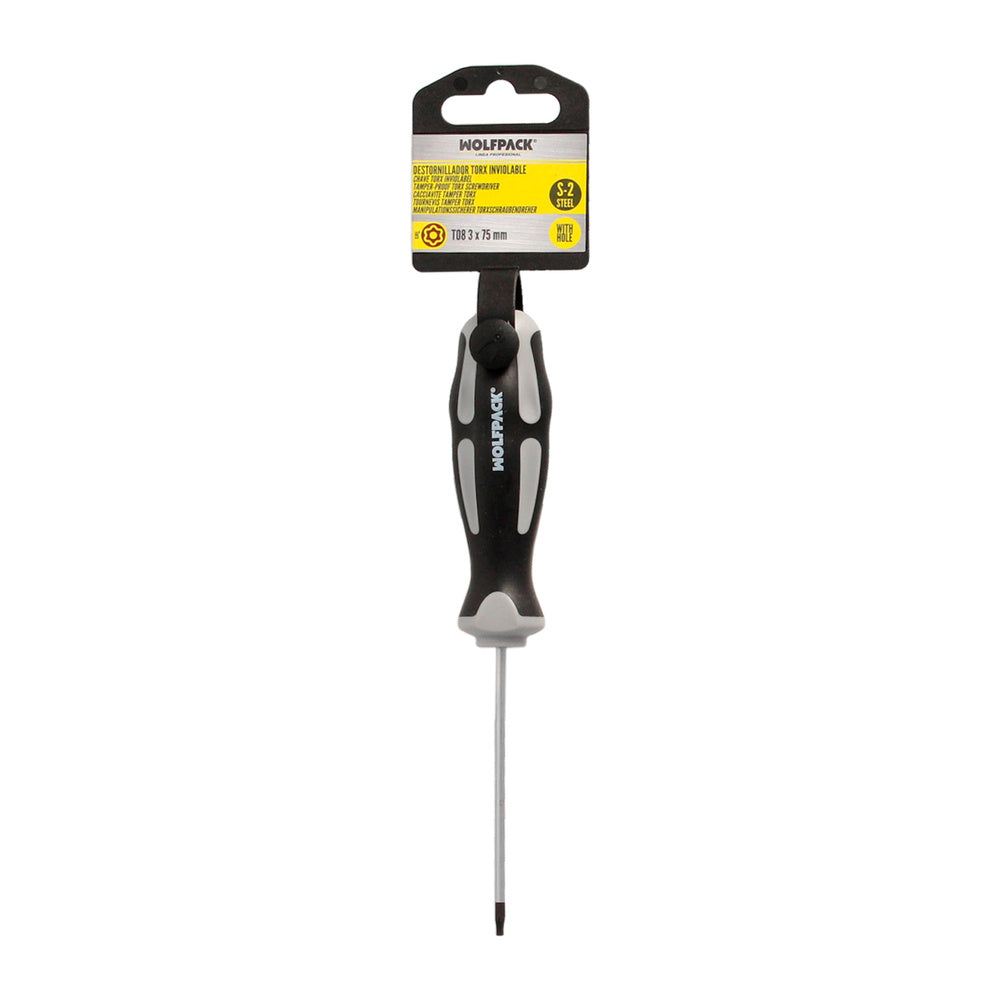 Chave de fendas torx inviolável em aço S2, cabo bimaterial TPR. Medida T08 x Ø 3,0 x 75 mm