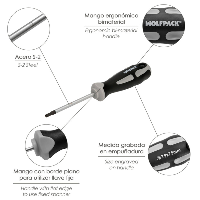 Destornillador torx inviolable acero S2 mango TPR bimaterial. medida T09 x ø 3,0 x 75 mm