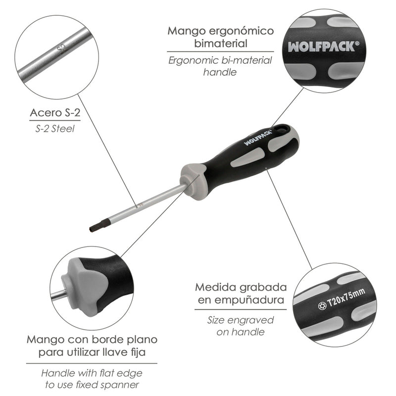 Destornillador torx inviolable acero S2 mango TPR bimaterial. medida T20 x ø 5,0 x 75 mm
