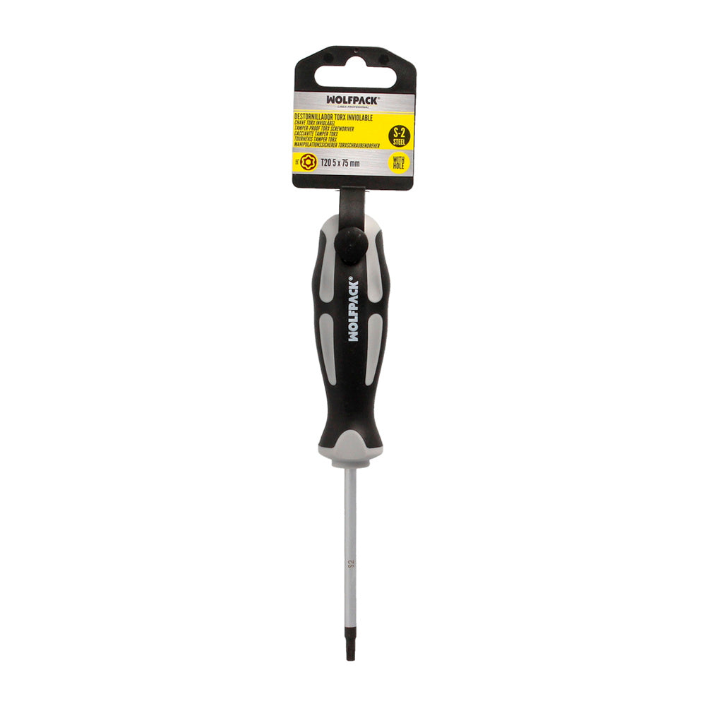 Chave de fendas torx inviolável em aço S2, cabo em TPR bimaterial. Medida T20 x Ø 5,0 x 75 mm