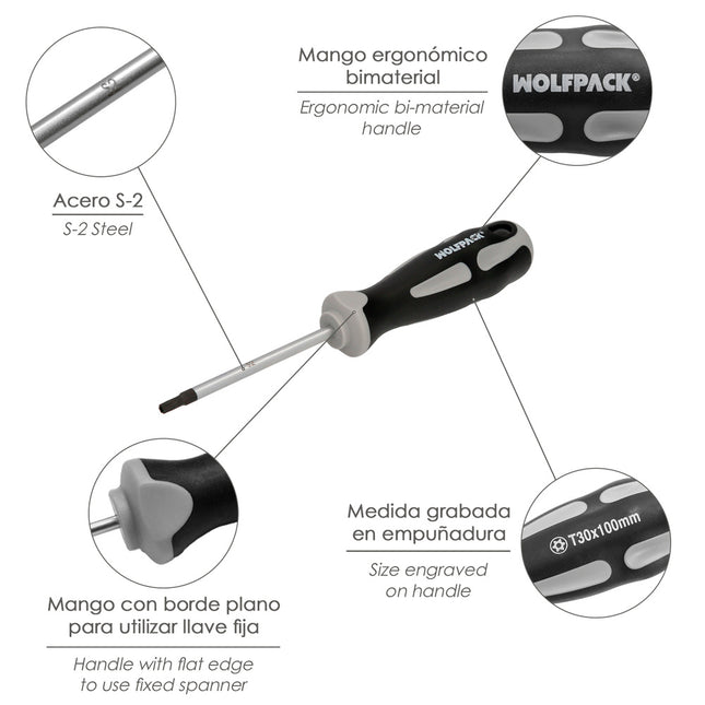 Destornillador torx inviolable acero S2 mango TPR bimaterial. medida T30 x ø 6,0 x 100 mm