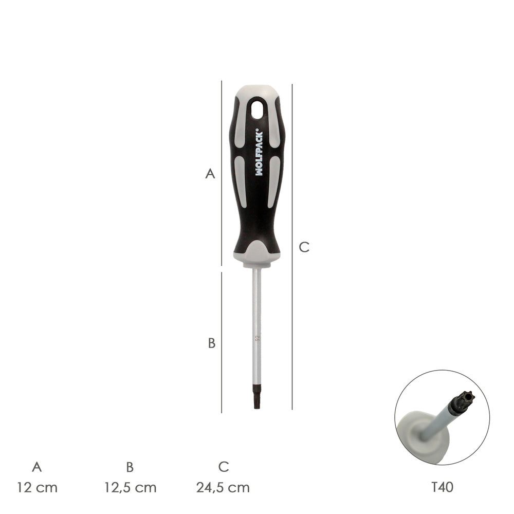 Tamper-proof torx screwdriver S2 steel, TPR bi-material handle. Size T40 x ø 8.0 x 125 mm