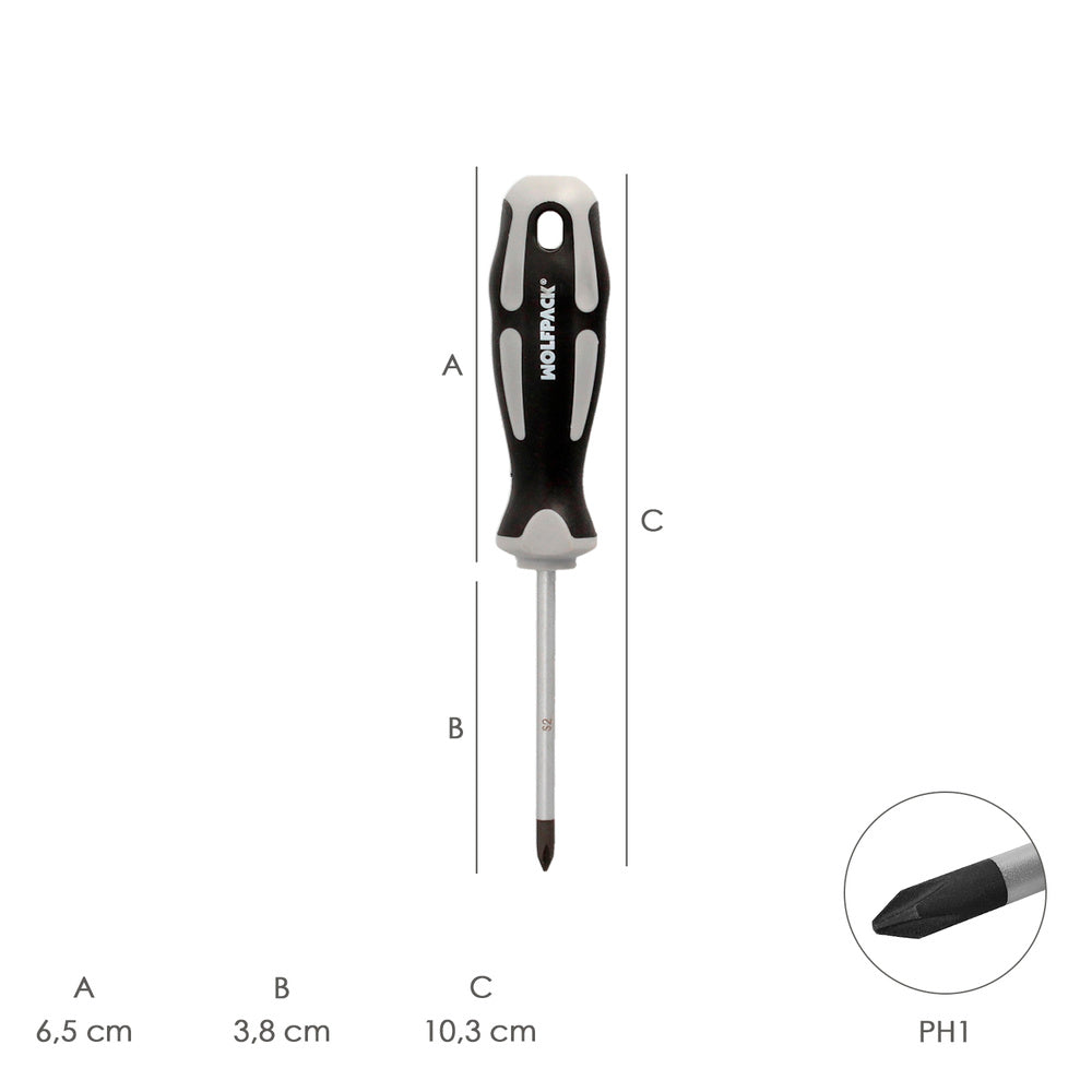 Destornillador phillips acero s2 mango tpr bimaterial. Medida ph 1 x ø 5,0 x 38 mm din5262.