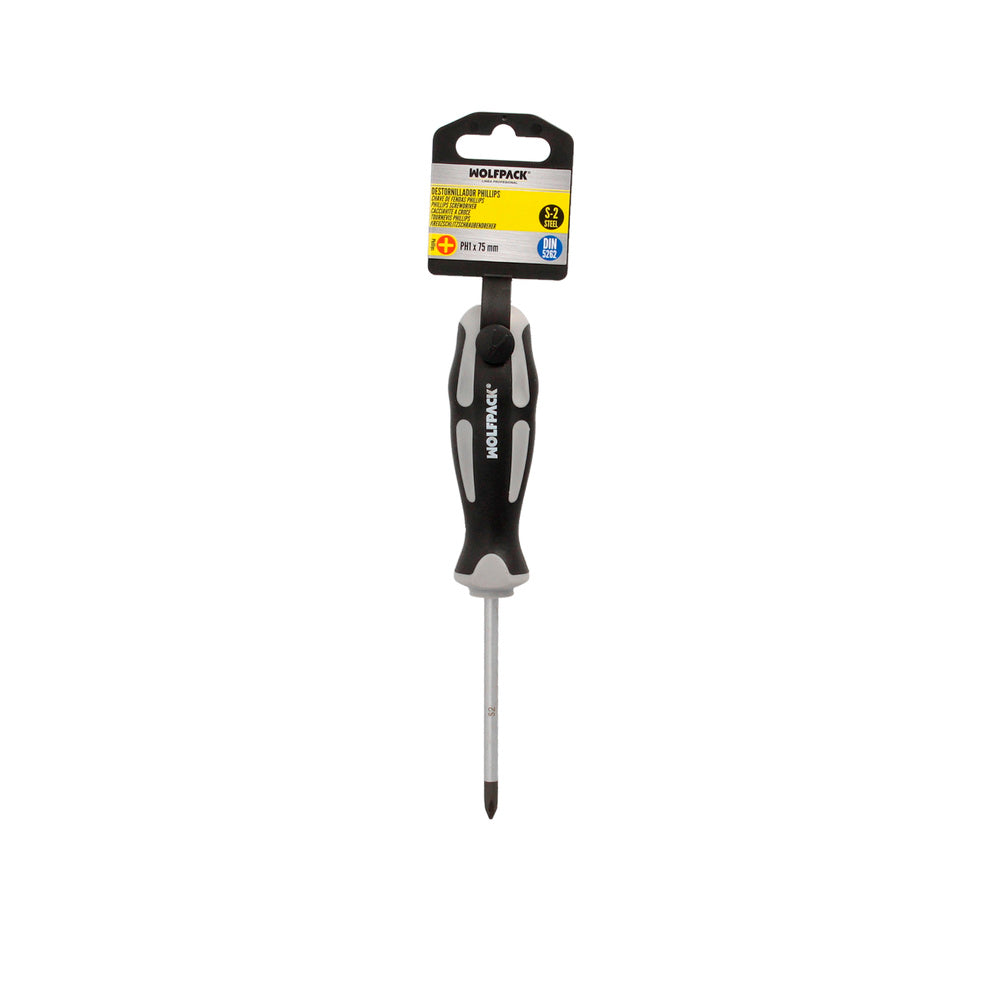 Destornillador phillips acero s2 mango tpr bimaterial. Medida ph 1 x ø 5,0 x 75 mm  din5262.