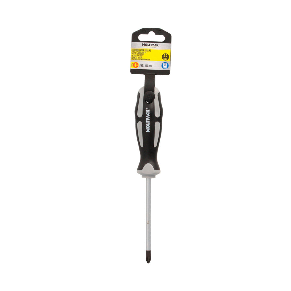 Chave de fendas Phillips aço S2, punho TPR bimaterial. Medida PH2 x Ø 6,0 x 100 mm DIN 5262.