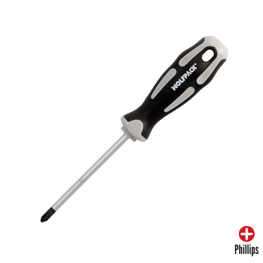 Chave de fendas Phillips aço S2, punho TPR bimaterial. Medida PH2 x Ø 6,0 x 100 mm DIN 5262.