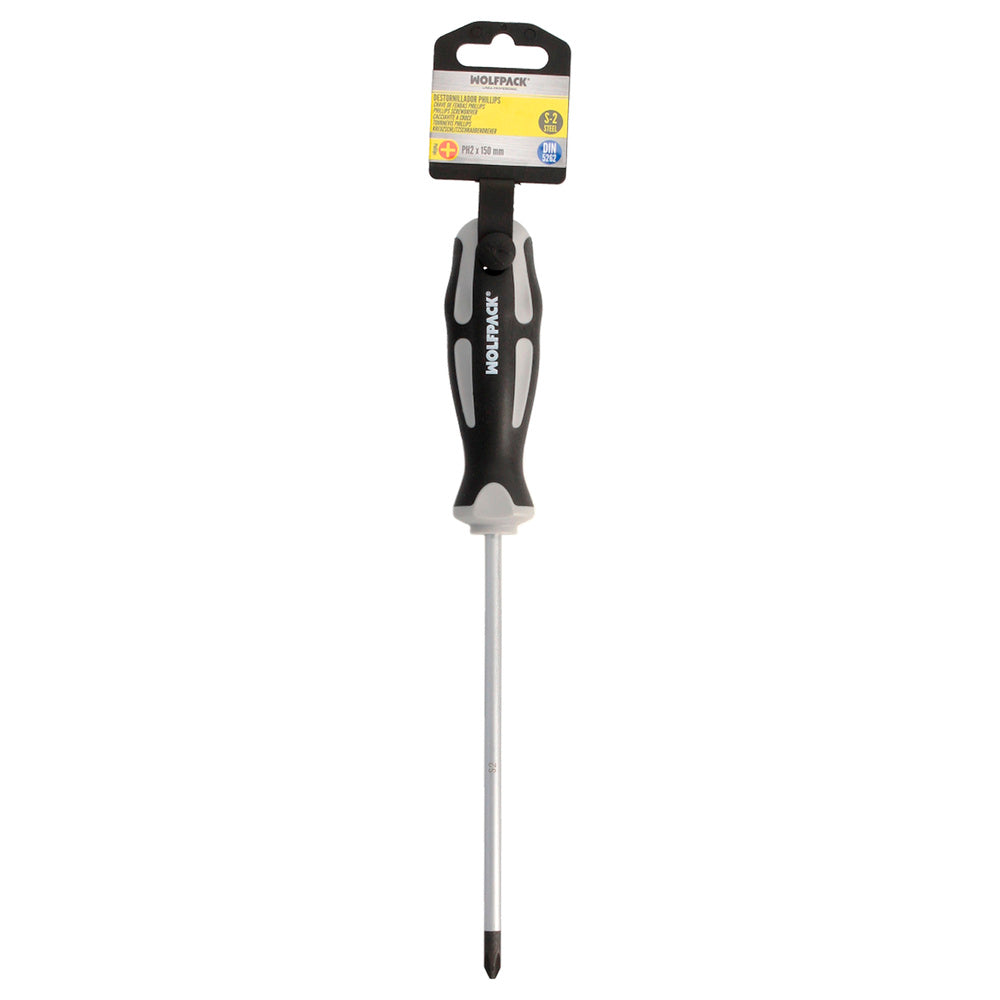Phillips screwdriver s2 steel tpr bi-material handle. Size ph 2 x ø 6.0 x 150 mm din5262.