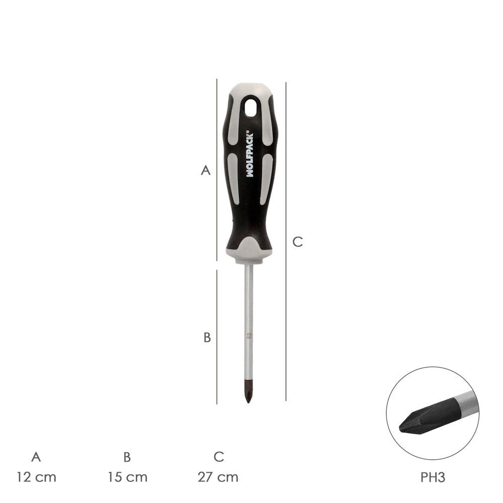 Chave de fendas Philips aço S2 punho bimaterial TPR. Medida PH 3 x ø 8,0 x 150 mm DIN5262.