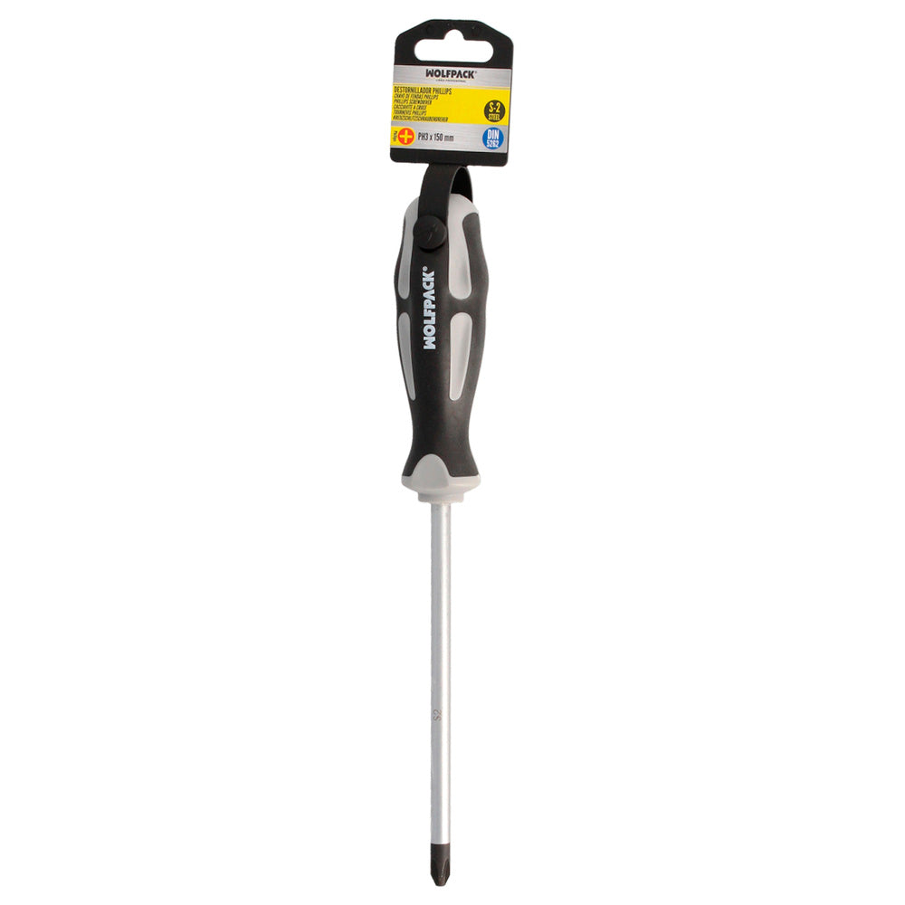 Phillips screwdriver S2 steel, bi-material TPR handle. Size PH3 x Ø 8.0 x 150 mm DIN5262.