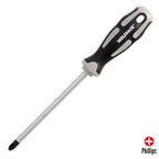 Phillips screwdriver S2 steel, bi-material TPR handle. Size PH3 x Ø 8.0 x 150 mm DIN5262.