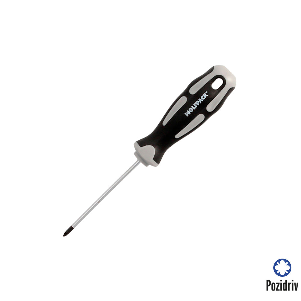 Pozidriv screwdriver, S2 steel, two-component TPR handle. Size PZ0 x Ø 3.0 x 75 mm, DIN5262.