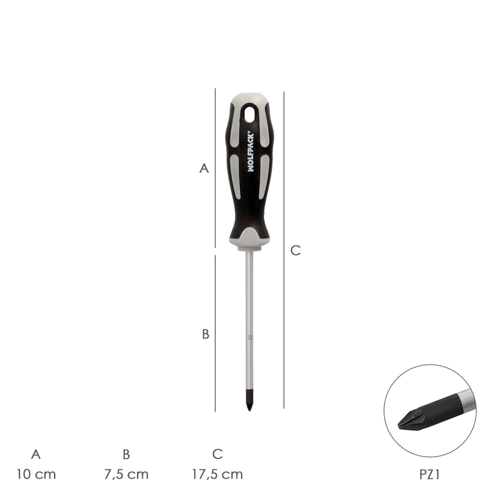 Pozidriv screwdriver, S2 steel, bi-material TPR handle. Size PZ1 x Ø5 x 75mm, DIN5262.