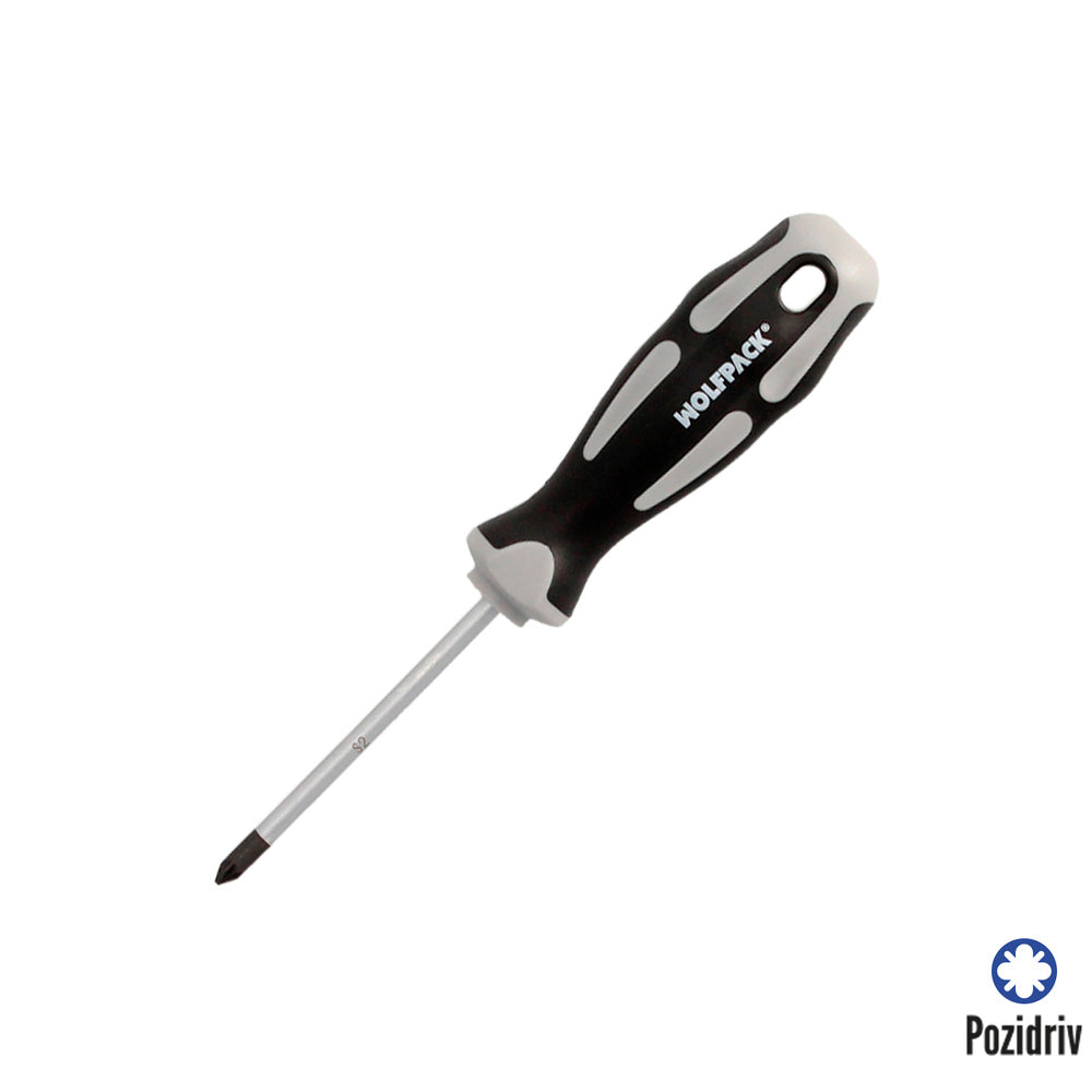 Pozidriv screwdriver, S2 steel, bi-material TPR handle. Size PZ1 x Ø5 x 75mm, DIN5262.
