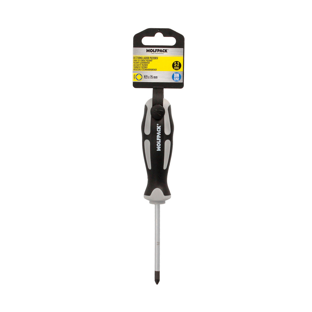 Chave de fendas pozidriv aço S2 cabo TPR bimaterial. Medida PZ1 x Ø 5 x 75 mm DIN5262.