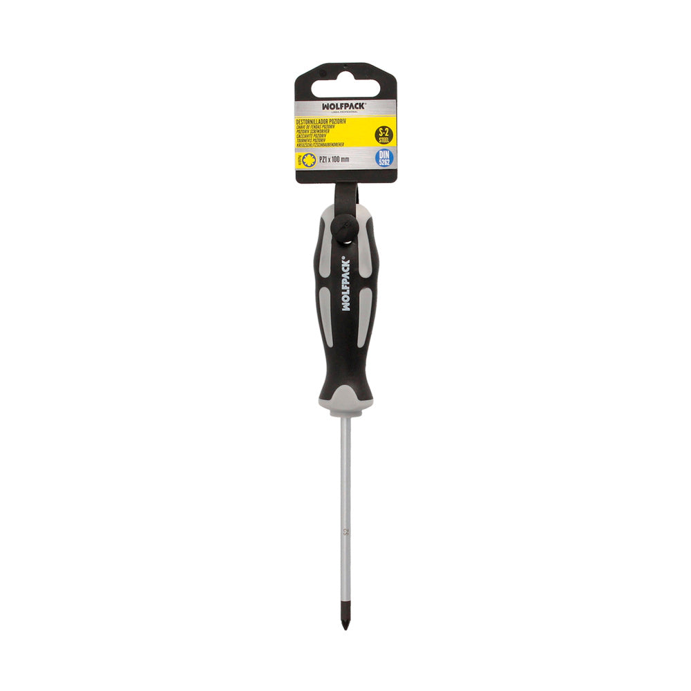 Chave de fendas pozidriv aço s2 cabo tpr bimaterial. Medida pz 1 x ø 5 x 100 mm din5262.