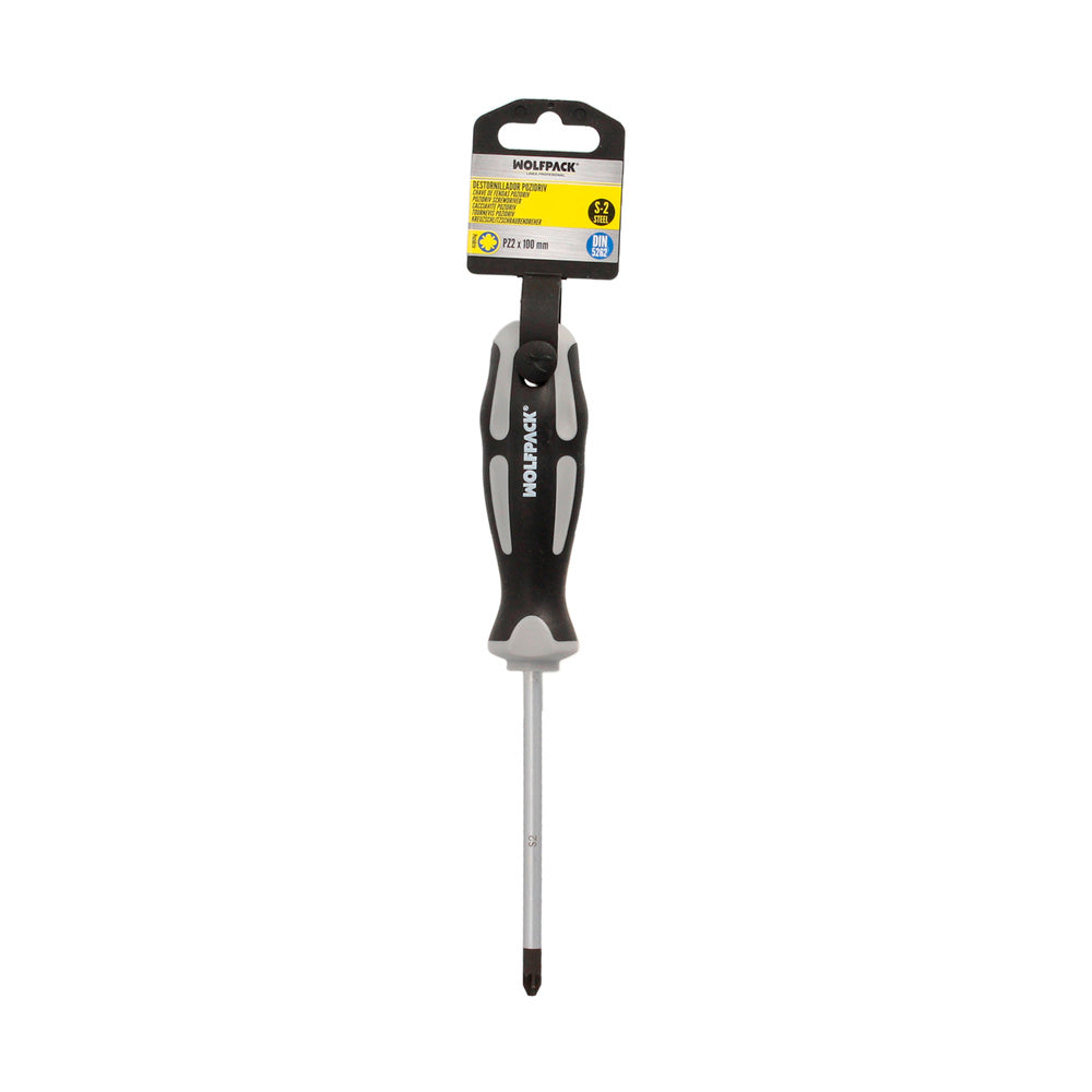 Chave de fendas pozidriv aço s2 cabo tpr bimaterial. Medida pz 2 x ø 6 x 100 mm din5262.
