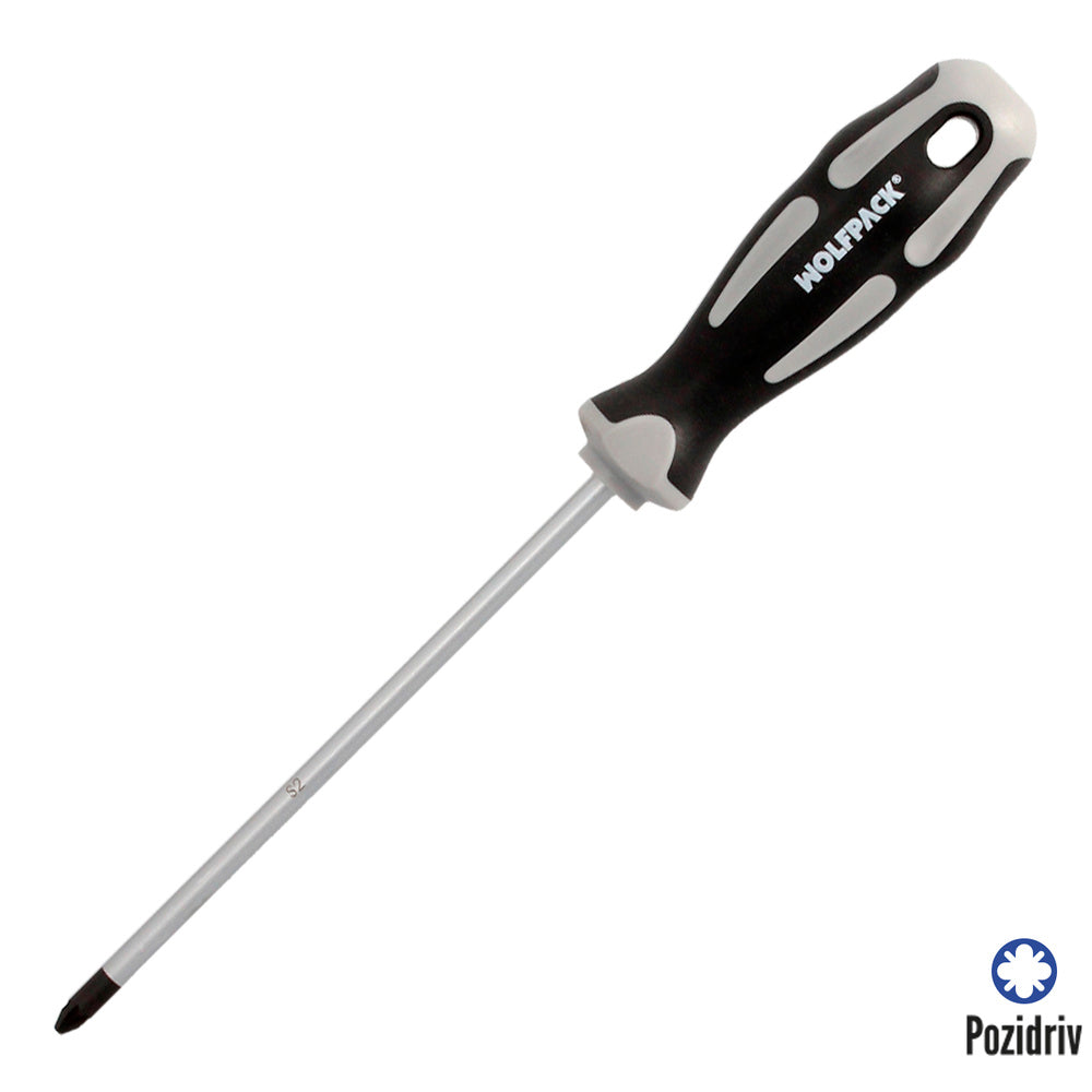 S2 steel Pozidriv screwdriver with bi-material TPR handle. Size PZ2 x Ø6 x 150mm DIN5262.