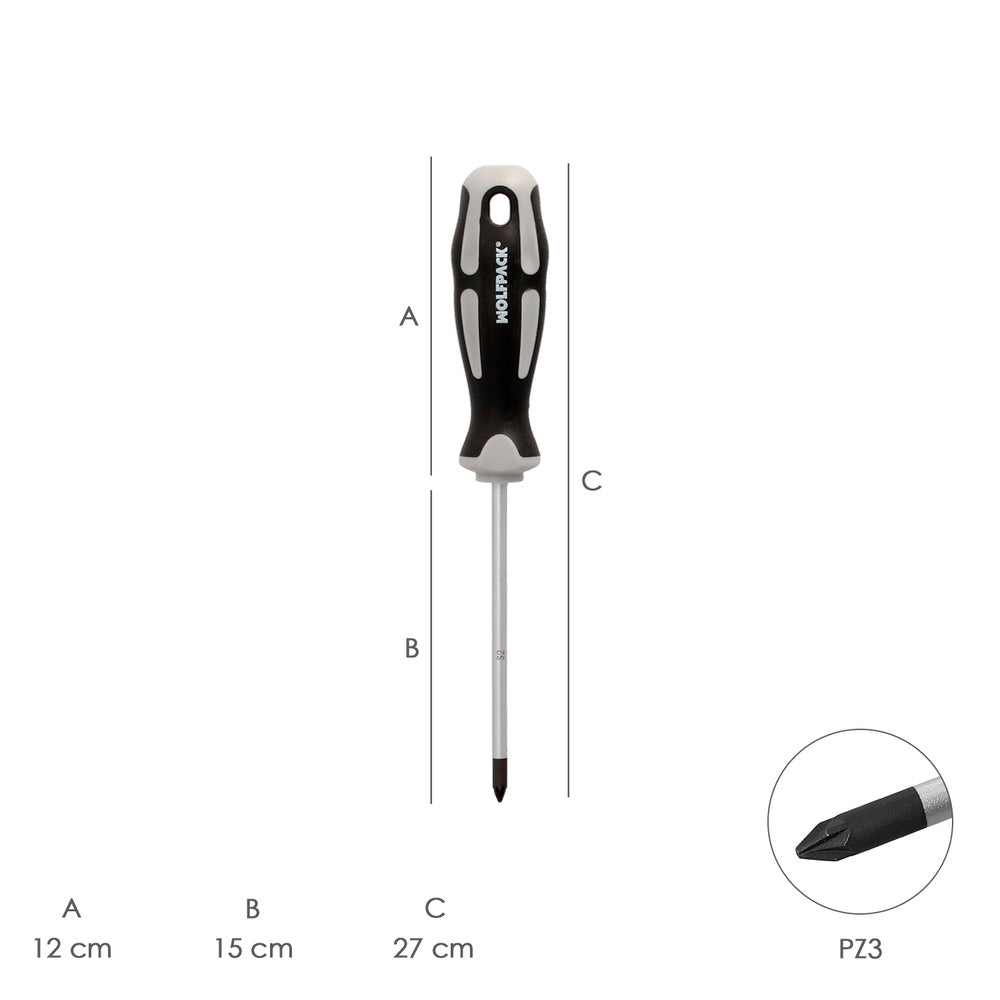 Pozidriv screwdriver, S2 steel, bi-material TPR handle. Size PZ3 x Ø8 x 150 mm DIN5262.