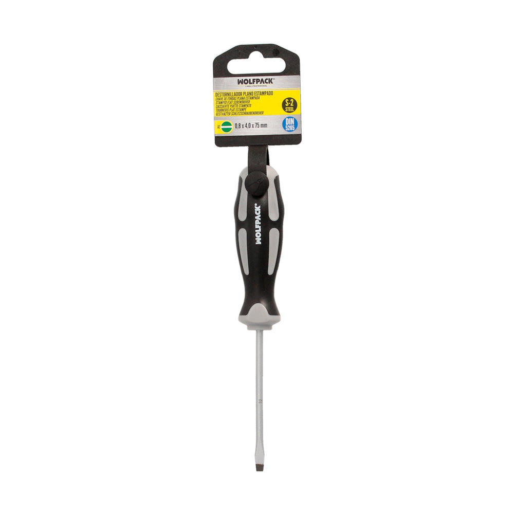 Destornillador plano estampado acero s2 mango tpr bimaterial. Medida 0,8 x ø 4,0 x 75 mm din5265