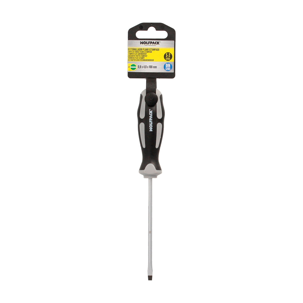 Destornillador plano estampado acero s2 mango tpr bimaterial. Medida 0,8 x ø 4,0 x 100 mm din5265