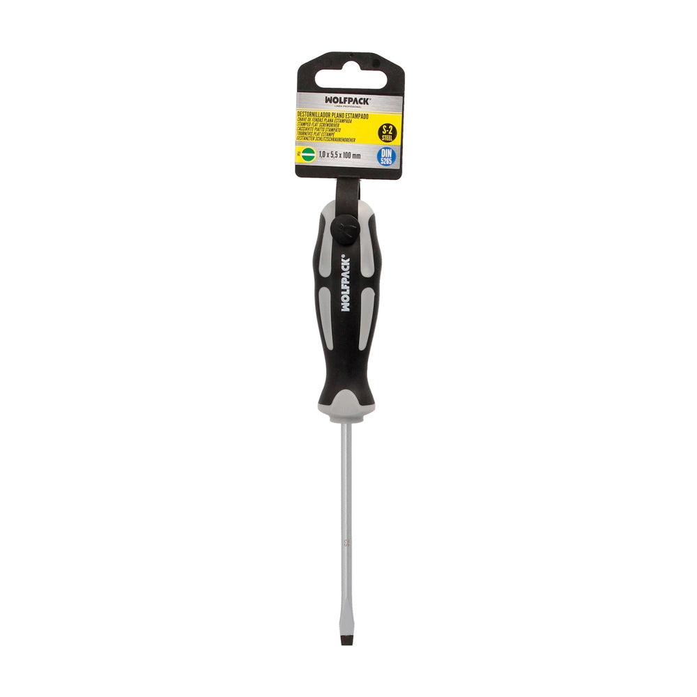 Destornillador plano estampado acero s2 mango tpr bimaterial. Medida 1,0 x ø 5,5 x 100 mm  din5265