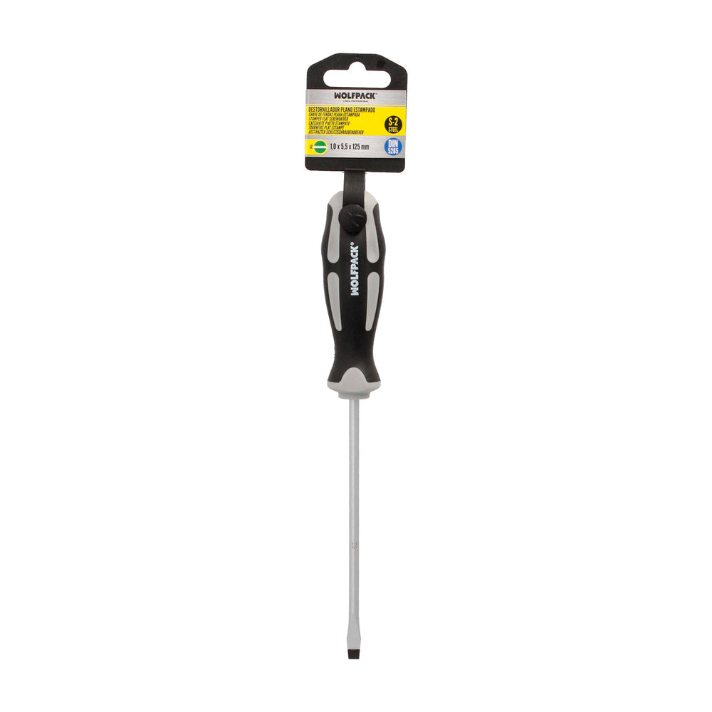 Destornillador plano estampado acero s2 mango tpr bimaterial. Medida 1,0 x ø 5,5 x 125 mm  din5265
