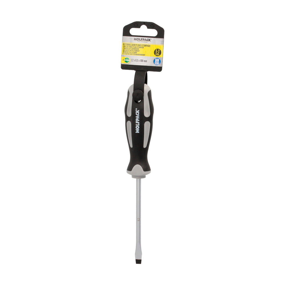 Chave de fendas de ponta ranhurada, aço S2, punho TPR bimaterial. Medida 1,2 x ø 6,5 x 100 mm DIN 5265