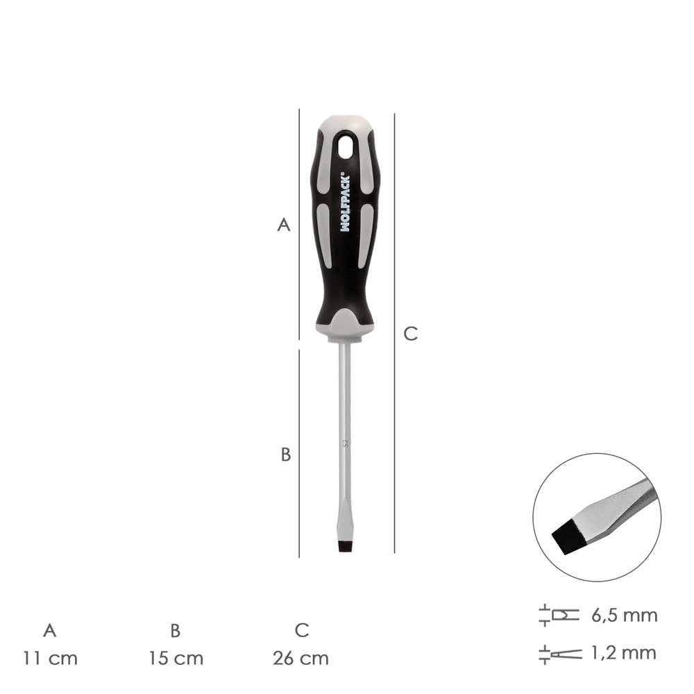 Flat head screwdriver, S2 steel, TPR bi-material handle. Size 1.2 x ø 6.5 x 150 mm, DIN5265