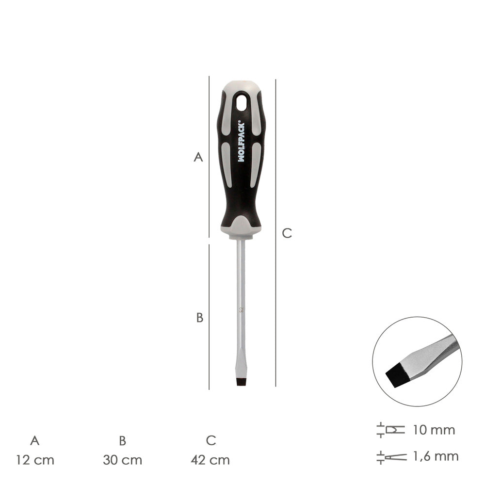 Flat screwdriver, S2 steel shank, TPR bi-material handle. Size 1.6 x ø 9.0 x 300 mm, DIN5265