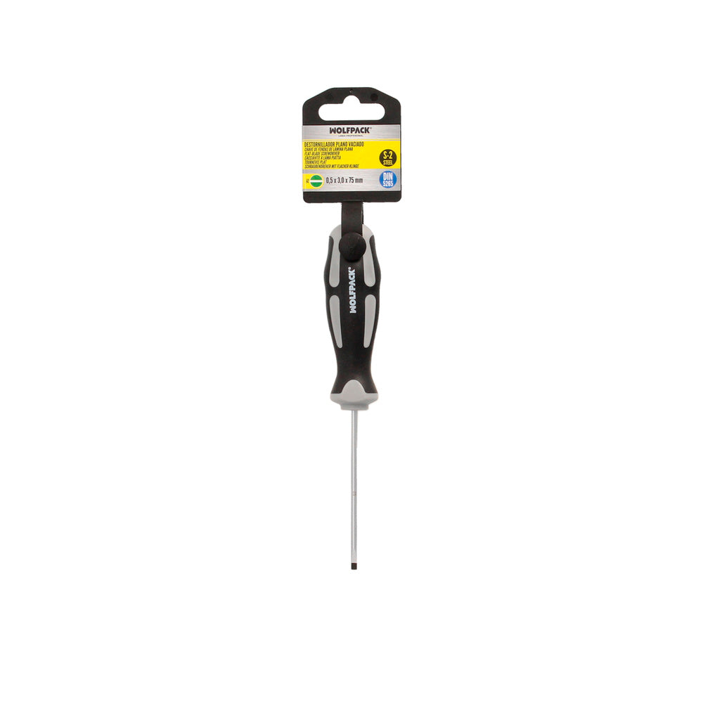 Chave de fendas de ponta ranhurada, aço S2, cabo bimaterial TPR. Medida 0,5 x ø 3,0 x 75 mm din5265