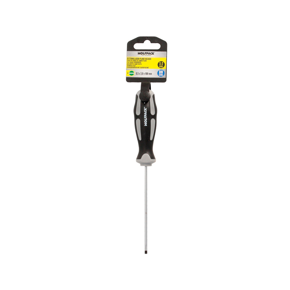 Chave de fendas de ponta ranhurada, em aço S2, cabo TPR bimaterial. Medida 0,5 x ø 3,0 x 100 mm DIN 5265