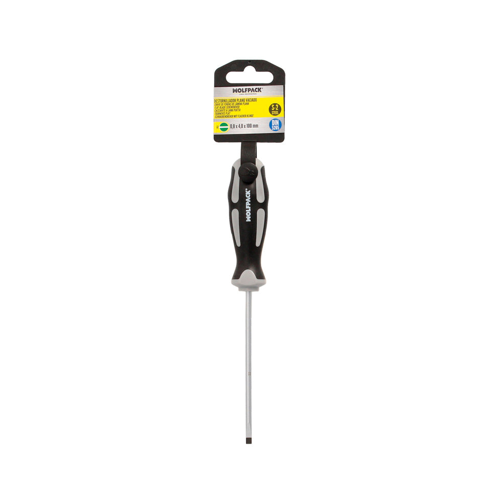 Chave de fendas de ponta ranhurada, aço S2, cabo em TPR bimaterial. Medida 0,8 x ø 4,0 x 100 mm  din5265